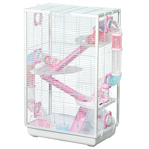 PawHut Hamster Cage with Tunnel Tubes, Gerbil Cage with Detachable Bottom, Ramps, Platforms, Hut, Exercise Wheel, Food Bowl, Water Bottle, 47 x 29.5 x 76cm
