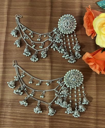 Silver Polish Bahubali with Kaan Chain Earrings Ethnic Bollywood Jewelry Traditional Bahubali Indian Partywear Jhumka Chandbali Wedding Earrings4