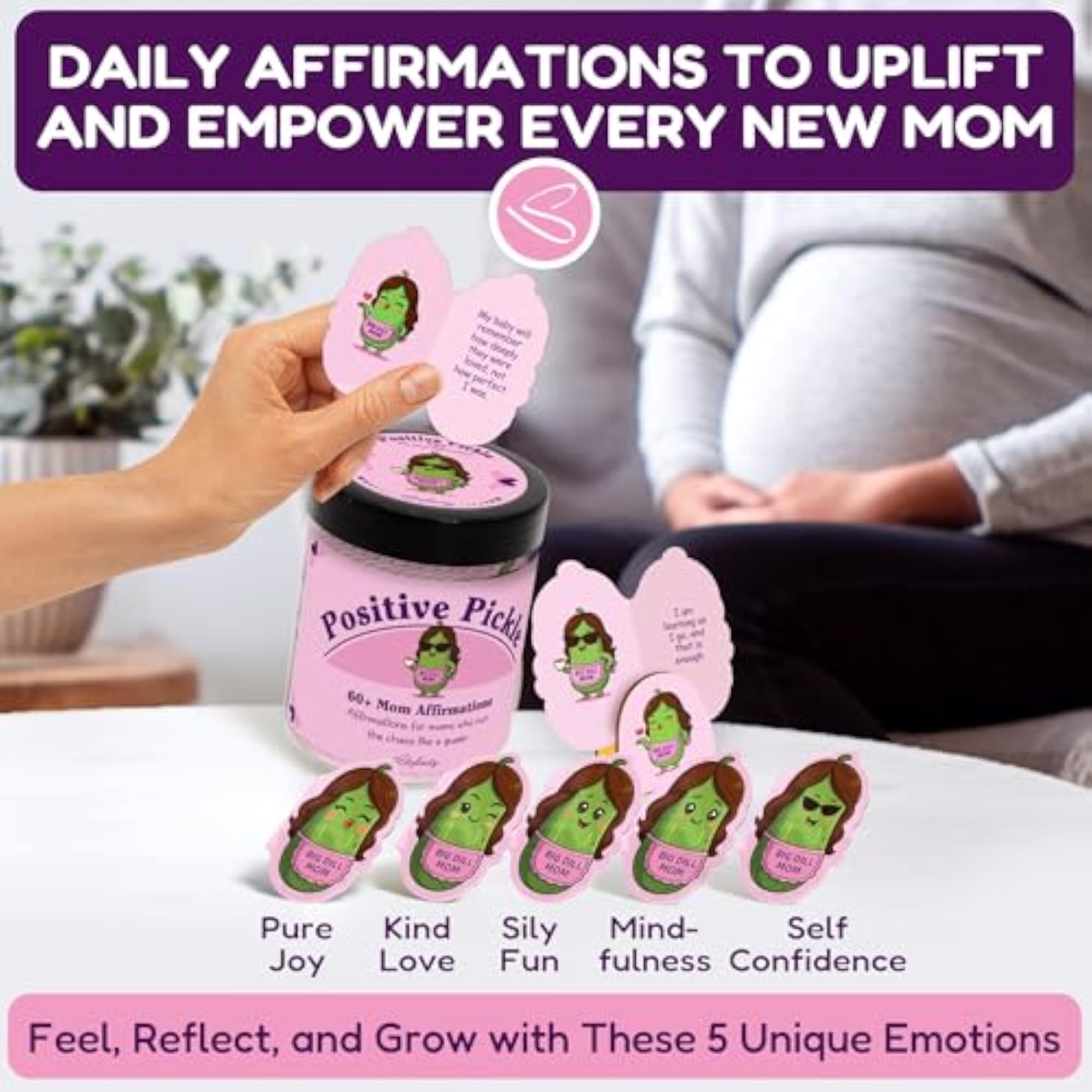 New Mom Affirmation Pickle Jar with 60 Cards and Wood Stand