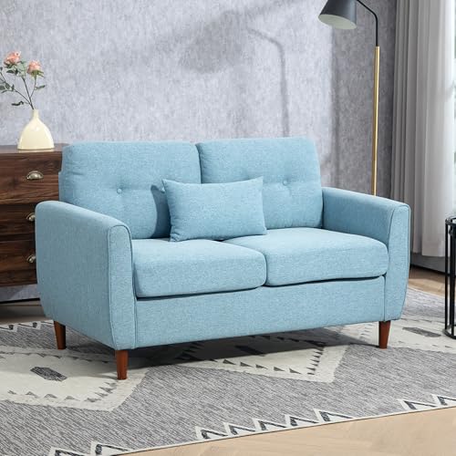 HOMCOM 2 Seater Sofa Double Sofa Loveseat Fabric Wooden Legs Tufted Design for Living Room, Dining Room, Office, Light Blue
