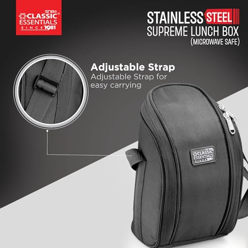 Image of CLASSIC ESSENTIALS Supreme All in One Lunch Box with Insulated Bag | Microwave Safe Containers with Steel Inner | Leak Resistant (Without Bottle, Black, 3 Containers)