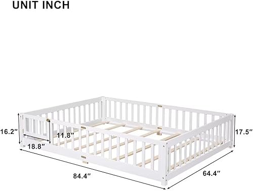 Miniatura 2 de JINS&VICO Marco de cama tamaño Queen, cama Montessori con valla y puerta, cama de plataforma de madera con 7 listones de madera para niños y niñas,