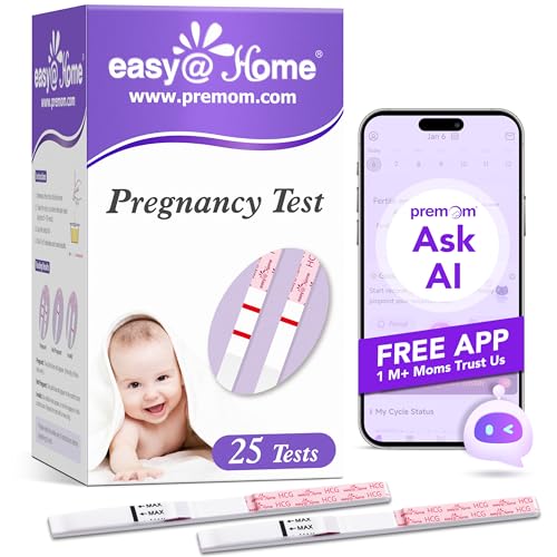 Tests de Embarazo,Easy@Home 25 Pruebas de Embarazo Ultrasensible 10mIU/ml Para una Detección Temprana (Sin línea de evaporación), 25 hCG App Premom gratuita Español
