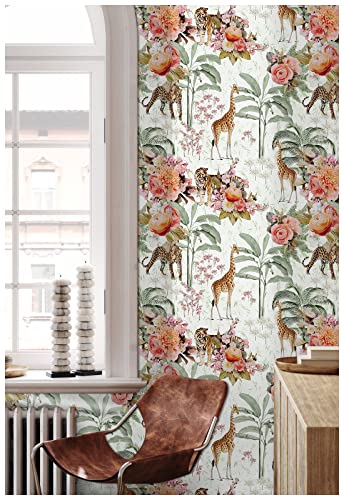 Haokhome 93243-3M Peel And Stick Floral Wallpaper Jungle Animal Removable White/Green/Pink Vinyl Self Adhesive Mural 17.7In X 9.8Ft thumb #3