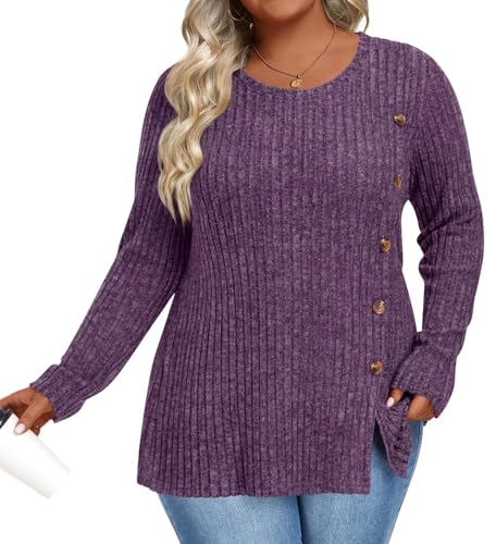 Image of HOTGIFT Womens Plus Size Sweater Tops Long Sleeve Crewneck Casual Tunic Shirts Buttons XL-5XL Blouse Soft Comfy Fashion