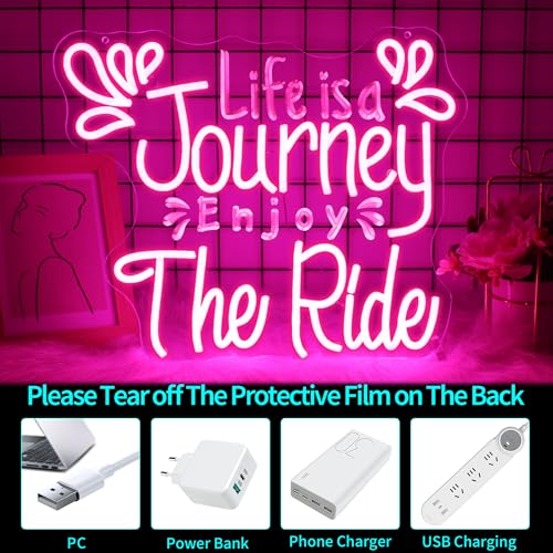 Image of Neon Sign, Life Is a Journey Enjoy the Ride Neon Signs for Wall Decor Pink LED Light up Girls Room Party Preppy Decoration USB Powered