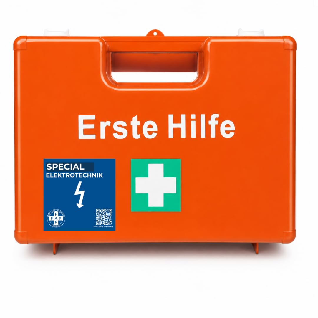 FAP Erste-Hilfe-Koffer Elektrotechnik DIN 13157 gefüllt - Orange | Beatmungstuch & Augenspülung | Elektriker Elektro Betrieb ABS Kunststoff, Betriebsverbandkasten Wandhalterung -33×42×15 cm