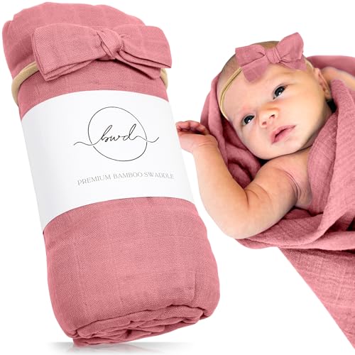 Image of BWD Baby Swaddle Blanket – Ultra-Soft Bamboo Viscose & Organic Cotton Muslin – Lightweight, Breathable, Stretchy – Newborn Essential 47" (Rosewood)
