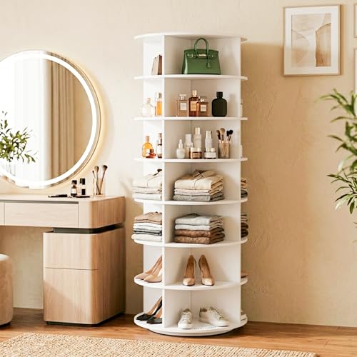 Image of 360 Rotating Multipurpose Storage Cabinet - Laminated Engineered Wood Organizer Rack | Space-Saving Rotating Shelf for Bedroom, Living Room, Dressing Area & Bathroom (White, 7-Tier)