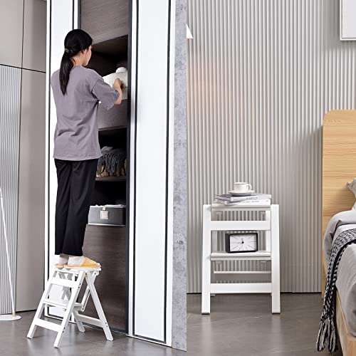 Folding Step Stool Step Ladder 3 Tier, Multi-Functional Folding Solid Wood Ladder Stool, Step Stool Household Muliti-Color Step Ladder Stool For Household And Office 330Lbs,White,2Step #TOP2