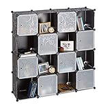 Relaxdays Steckregal aus Kunststoff, erweiterbares Regalsystem mit Muster und Türen, 16 Fächer, 127x127x31,5 cm, schwarz