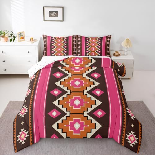 Image of Feelyou Boho Aztec Comforter Set King Size West Bedding Set for Kids Boys Girls Pink Brown Duvet Quilt Western Bedroom Decor Microfiber 3 Pcs with 2 Pillow Cases