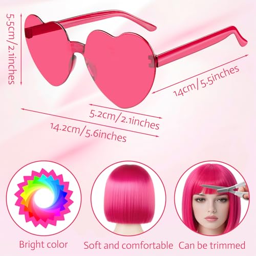 Image of MEEZY Hot Pink Short Bob Wigs Straight Hair with Flat Bangs Heart Sunglasses for Women, Colorful Funny Cosplay Daily Party Neon Wig Synthetic Natural As Real Hair Carnival Halloween Costume