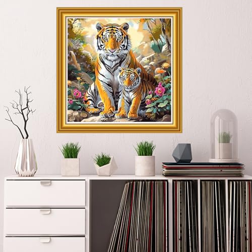 Image of Dooxvey Counted Cross Stitch Kits for Adults 11CT Printed Cross-Stitch Patterns Cross Stitching Embroidery Kit Stamped or Counted Needlepoint Kits-Two Tigers in the Forest 18x18 inch