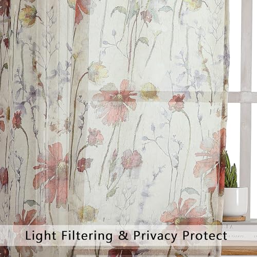 Image of OWENIE Crushed Sheer Curtains 84 Inch Length 2 Panels Set, Sheer Floral Curtains Printed Drapes on Sheers for Living Room, Rod Pocket Light Filtering Window Sheers (2 Panels, 42 inch x 84 inch) (Pack of 2)
