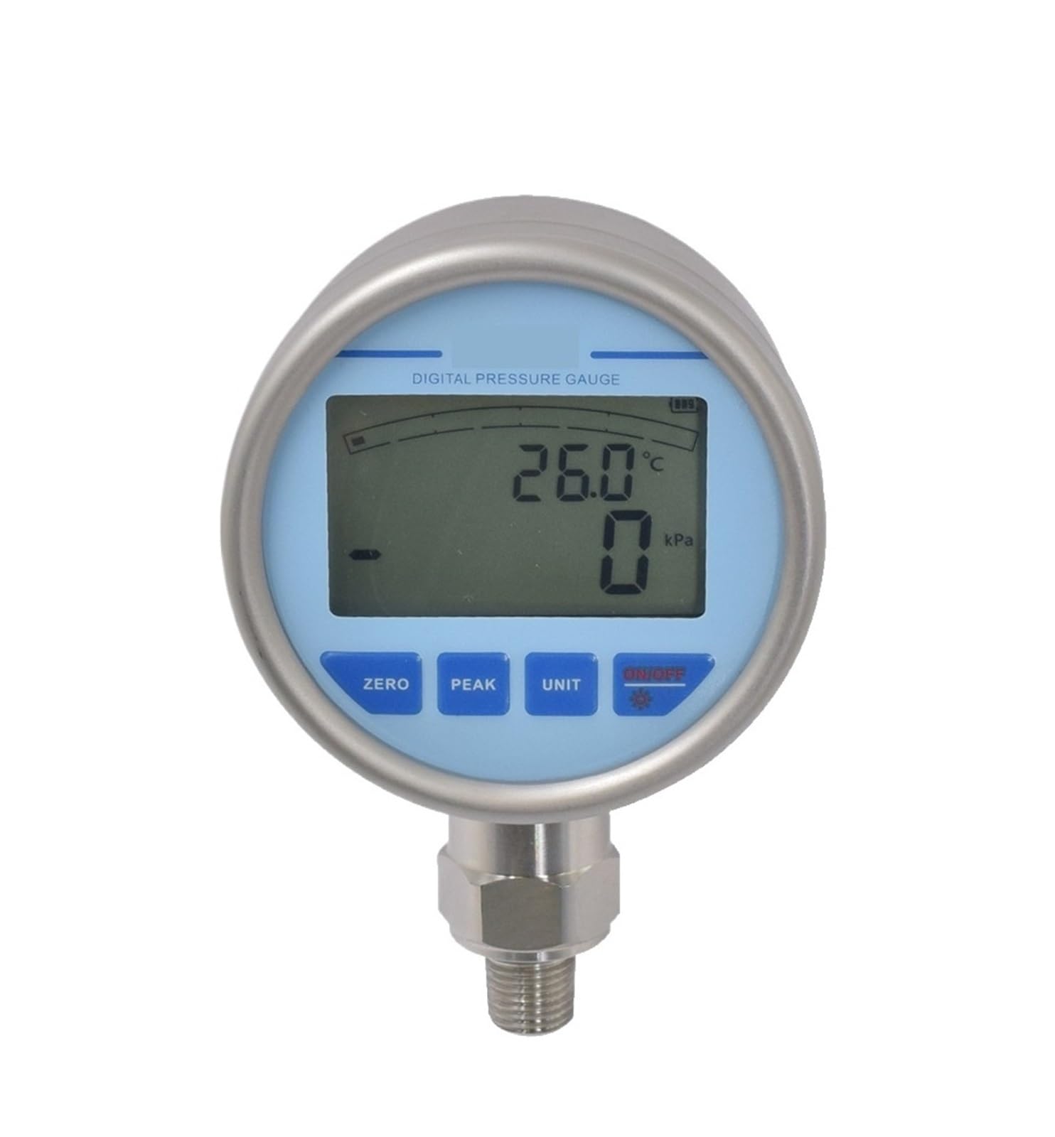 Manometr 0,5% FS, 4-cyfrowy, membrana ceramiczna, podświetlany wyświetlacz LCD, manometr ze stali nierdzewnej, cyfrowy manometr (0-600 kPa)