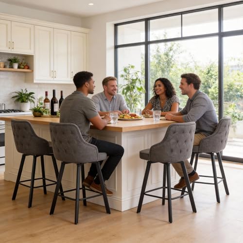 Image of Modern Swivel Bar Stools Set of 4, 26 inch Linen Counter Stools with High Back