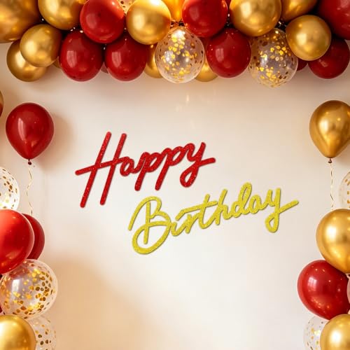 Image of TONIFUL Happy Birthday Sign for Backdrop - Glitter Red Gold Felt Banner - Includes Dot Glue - Perfect for Birthday Party Backdrop,Wall Decr,Balloon Arch,Photo Background