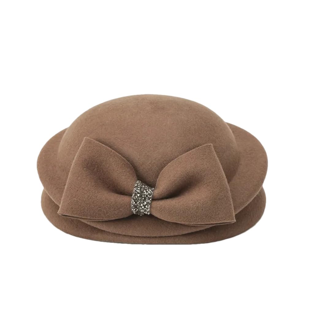 Elegante berretto invernale da donna in stile francese con strass e fiocco