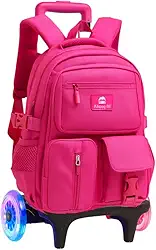 Mochila Escolar com Rodinhas LED, 3 Compartimentos, 4 Bolsos, Alça Dupla, resistente e regulagem de altura, Unisex