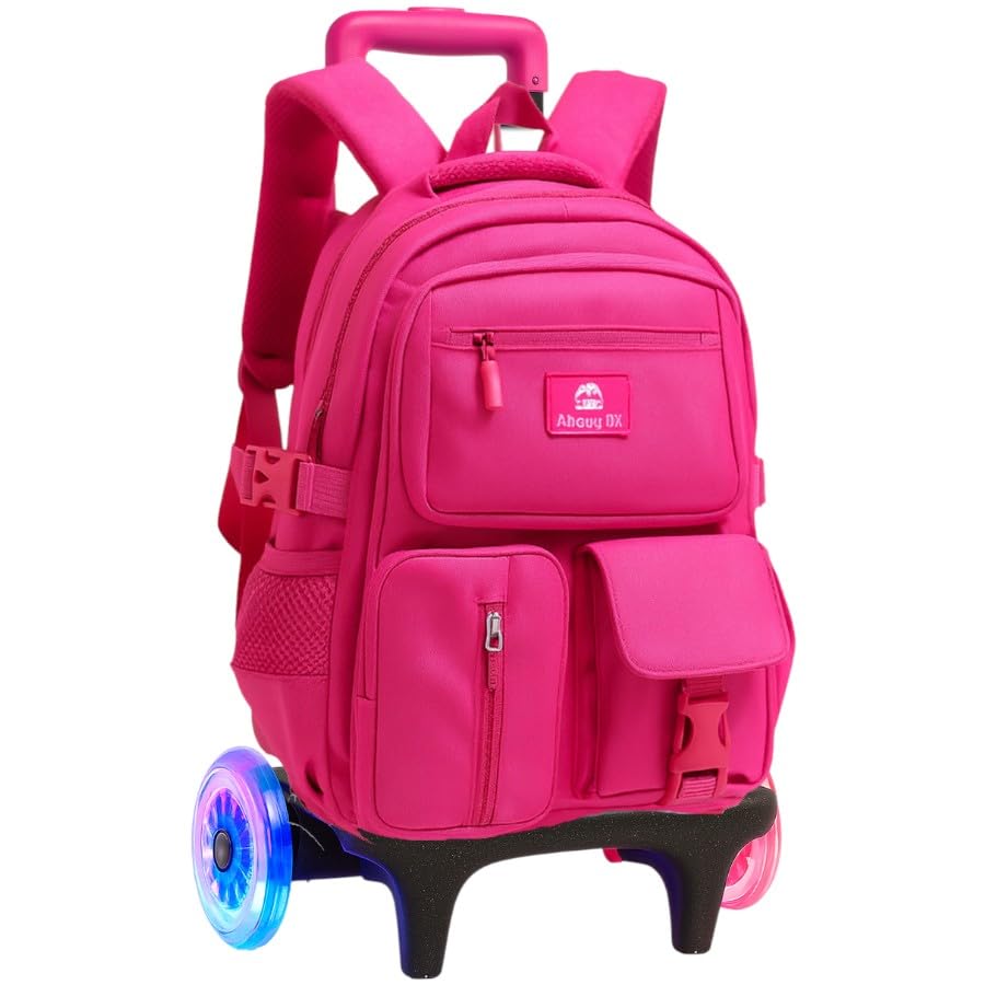 Mochila Escolar com Rodinhas LED, 3 Compartimentos, 4 Bolsos, Alça Dupla, resistente e regulagem de altura, Unisex (Pink)