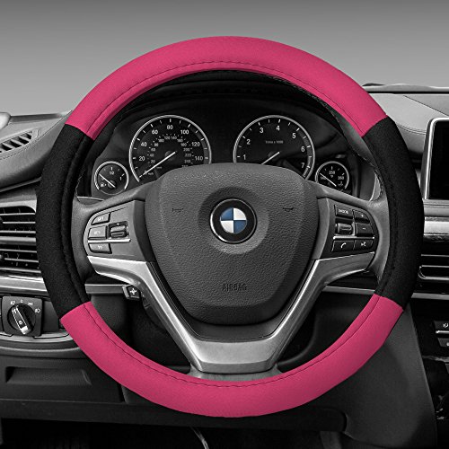 Image of FH Group Universal Fit Modernistic and Seat Belt Pads Combo Set Steering Wheel Cover Fits Most Cars, SUVs Pink
