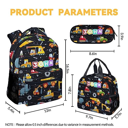 Custom Construction Backpack with Lunch Box, Personalized Set of 3 School Backpacks Matching Combo, Cute Lightweight Truck Excavator Bookbag and Pencil Case Bundle4