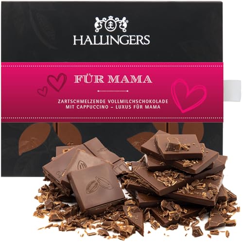 Hallingers Genuss Manufaktur Schokolade Muttertagsgeschenk - Tafel handgeschöpften Edelkakaos ohne Alkohol edler Karton 'Für Mama' Cappuccino, Geschenkidee für Mama Oma