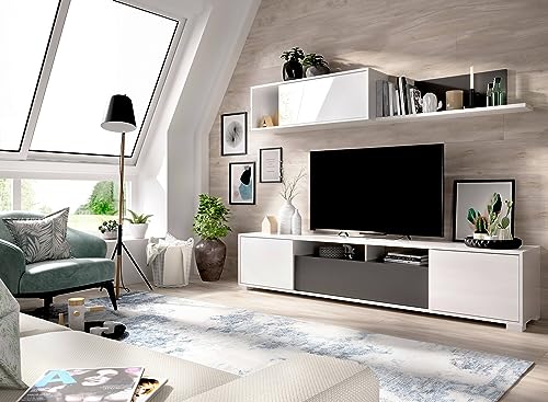 Dmora - Parete attrezzata Gruf, Set da soggiorno porta TV, Mobile salotto multiuso, 200x41h180 cm, Bianco e Antracite