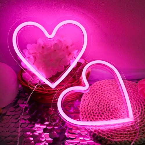 Image of SYLHOME 2 Pack Heart Led Neon Light Sign Battery /USB Powered Wall Decor | Pink & Pink Bedroom Wedding Anniversary Backdrop Wall Neon Light Sign Decor Valentines Day Birthday Sign Gift, 7.87 inchX7.28 inch