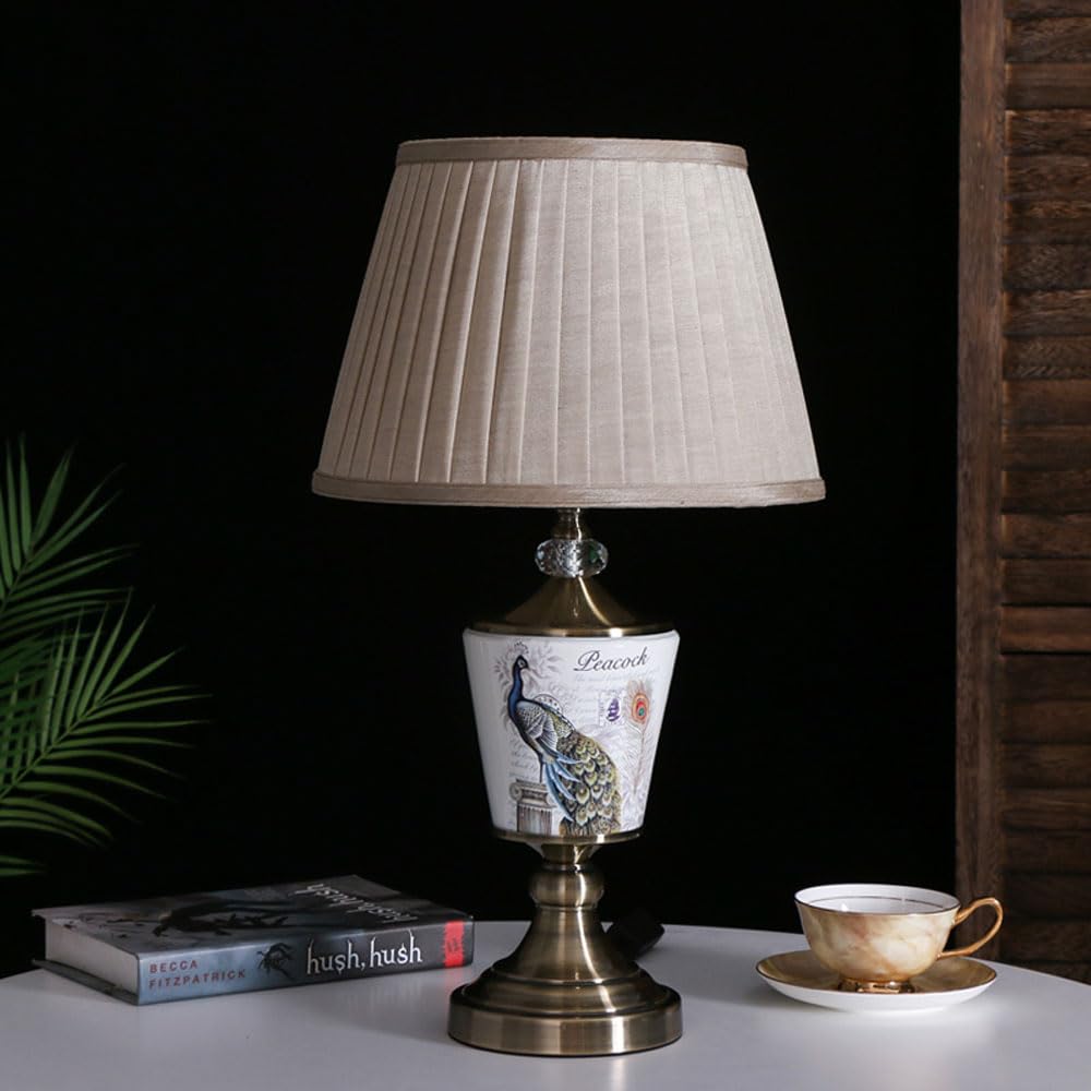 SGKOMN Table Lamp American Minimalist Ceramic Bedroom Bedside Lamp Copper Living Room European New Chinese Nightstand Lamp For Bedroom Living Room Office College Bookcase-C