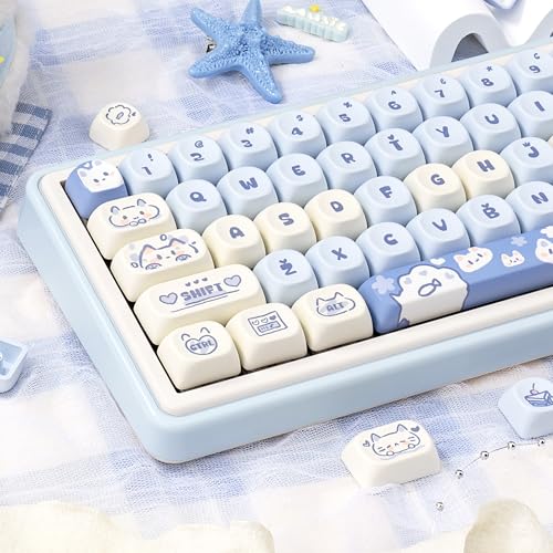 Image of KEYFLICK PBT Keycaps Salty Cat Blue White Cute for Cherry MX Key Cap