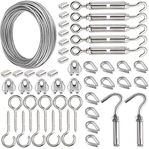 30M Garden Wire For Climbing Plants, AMLOOPH Picture Wire Heavy Duty Decking Rope Stainless Steel Cable Wire 2MM Fence Wire Rope Clips Turnbuckle Wire Tensioner For String Lights Hanging Kit(48pcs) Cover