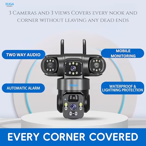 Image of XUGA - Cybernautt X10AB-K 12MP 3 Lens PTZ 4G Sim Wireless Outdoor CCTV Camera with Three Side View | 355 Panoramic View | Night Vision | Motion Detection| Siren Alarm| Use Air-tel 4G Sim