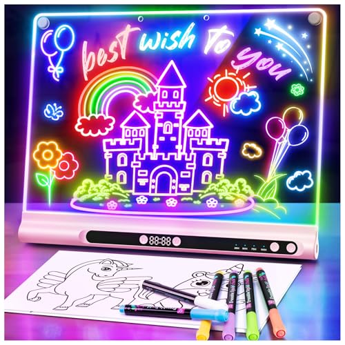 Tableau lumineux LED rechargeable 41 cm, 9 modes lumineux avec minuteur & support, tableau acrylique néon effaçable à sec, cadeau enfants/filles/ados, 6 feutres &...