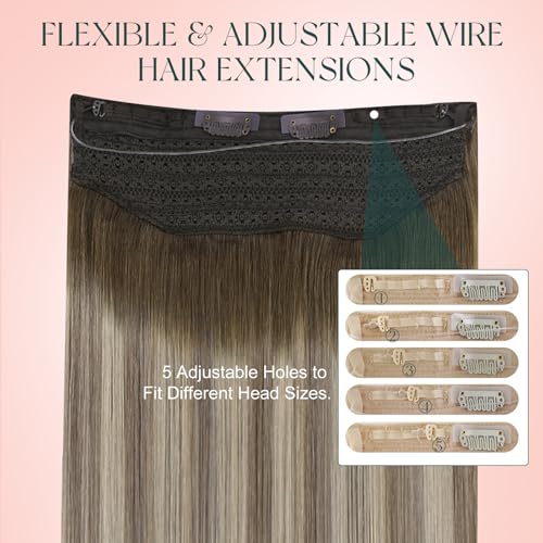 Image of Easyouth Wire Hair Extensions Ombre Wire Hair Extensions Real Human Hair Dark Brown Ombre Medium Brown Balayage Blonde Fish Line Human Hair Extension Easy to Install 14 Inch 70g
