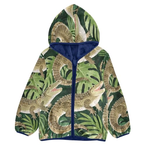 Crocodile and Leaf Pattern Print Toddler Fleece Jacket Girl Boys Hooded Fleece Jacket Coat Warm Outwear Zip-up 3-10T