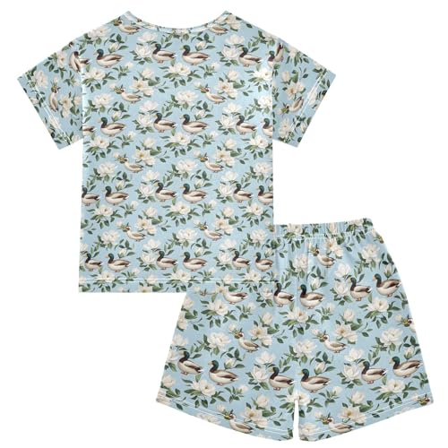 ALAZA Ducks White Flowers Pajama Set Short Sleeve Sleepwear Soft Lounge Nightwear2