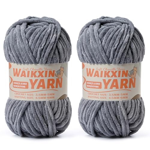 Image of (2 Grey) 2 Pack Super Soft Fuzzy Chenille Chunky Yarn for Crocheting, 200g (175yds) Fluffy Velvet Yarn for Hand Knitting Baby Blankets Weaving Craft