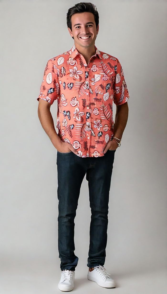 Wes and Willy Mens College Sports Fan Shirt Hawaiian-Vintage Floral Short Sleeve Button Down