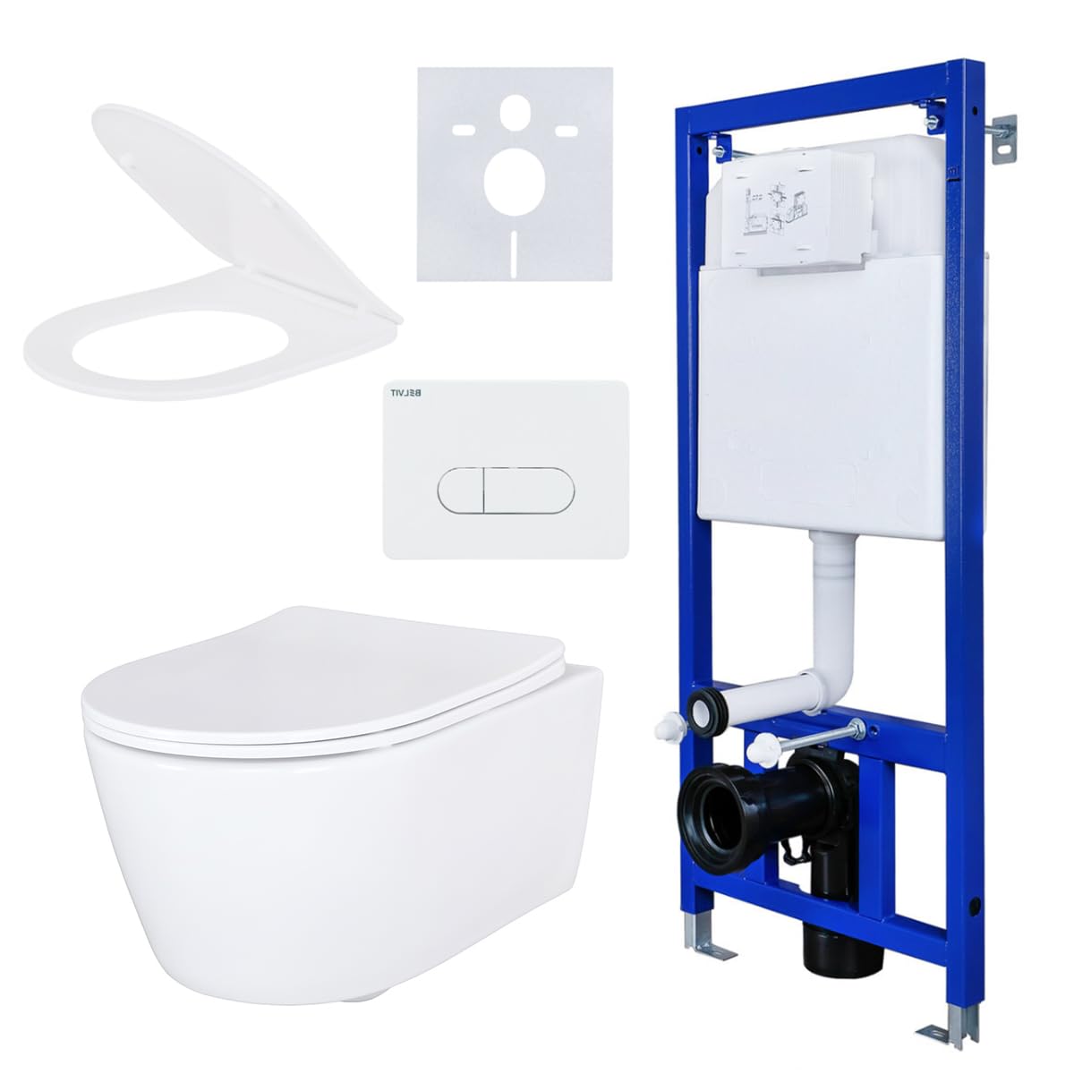 ALONI Hänge-WC Komplettset, Weiß, 36x28x52 cm | ohne Bidet, spülrandlos, Softclose Duroplast mit Quick-Release, Vorwandelement vormontiert 3/6 L, Tanktiefe 80 mm