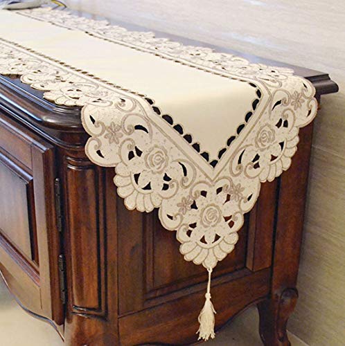 LeLehome Classic Table Runner 15 Inch X 77 Inch, Flower Embroidery Beige Brown Dresser Scarf Dining Kitchen Home Decoration Lace Tapestry by LeLehome - Image 6