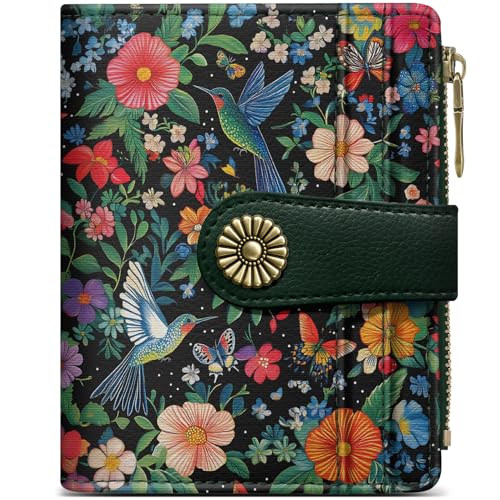 Image of Small Wallet for Women, RFID Blocking Bifold Card Holder Wallet with 10 Card Slots, Cash Compartment, Zipper Coin Pocket & ID Window, Cute Soft Vegan Leather Compact Wallet, Hummingbird