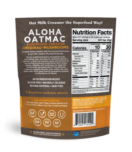 Image of Laird Superfood Aloha OatMac Coffee Creamer with Functional Mushrooms Chaga, Cordyceps, Lion's Mane and Maitake, Gluten Free, Non-GMO, Vegan, 16 oz. Bag, Pack of 1