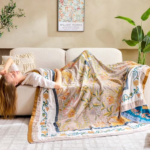 Image of XIBLC Boho Blanket, 100% Cotton Farmhouse Decorative Throw Blanket, 80 inchx90 inch Reversible Bohemian Throw Blanket, Brown All Season Muslin Breathable Woven Blankets Quilt