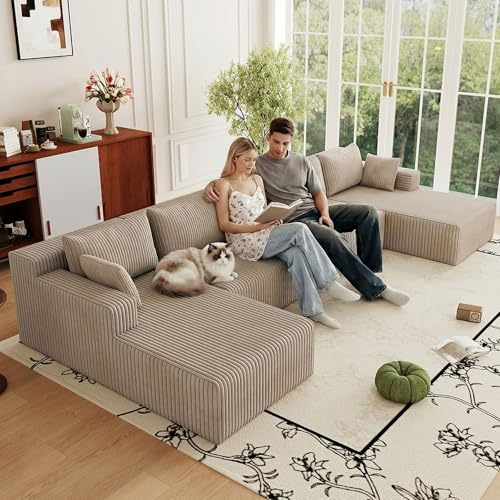 Image of 160 inch Cloud Sectional Couch,Modern U-Shaped Cloud Couch with Deep Seat,Comfy Corduroy Sofa,Memory Foam Sofa for Living Room,No Assembly (Camel)