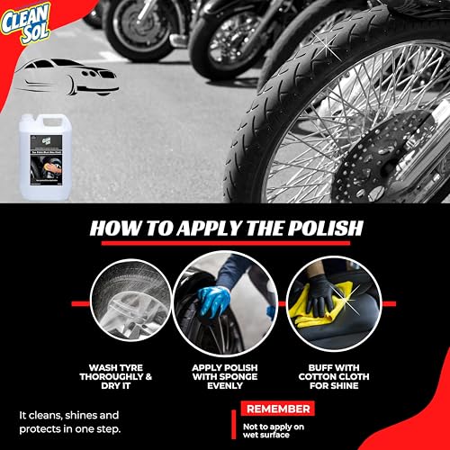 Image of Cleansol Tyre Polish Liquid for Car, Bike, Scooter & All Vehicles | High Gloss Black Shine Spray | Long-Lasting Water-Resistant Formula | 5 litre