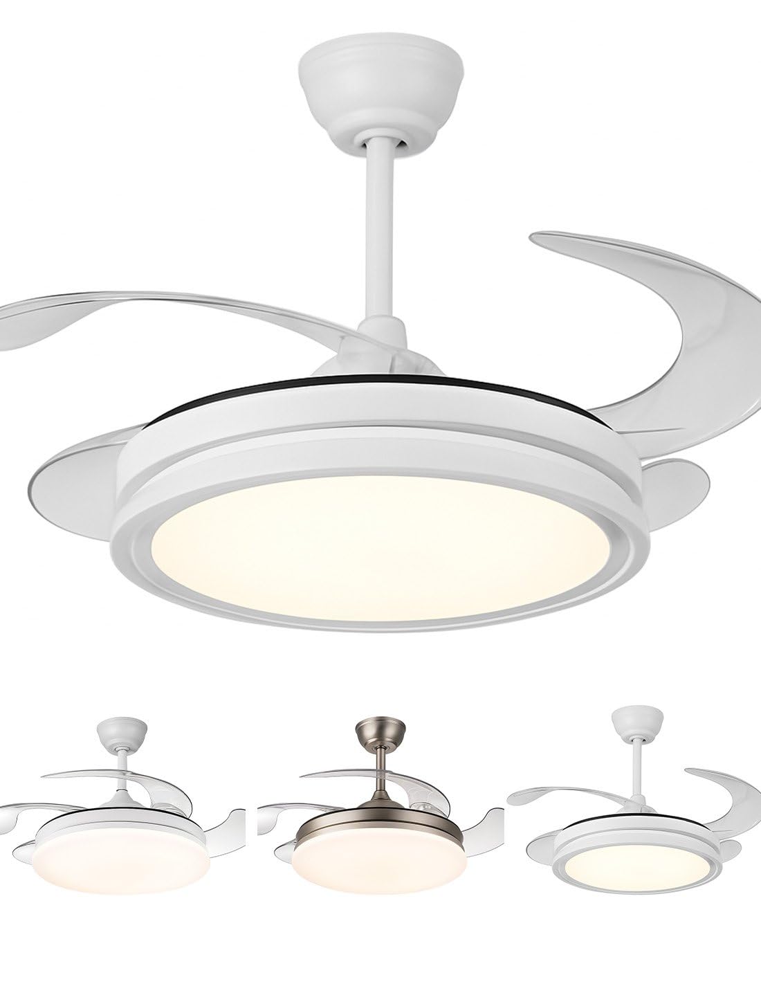 Jardin202 - Ventilador de Techo LED con 4 Aspas 3500-4000-6500K Temporizador, 6 Velocidades, Aspas retráctiles | Bandido (Blanco)