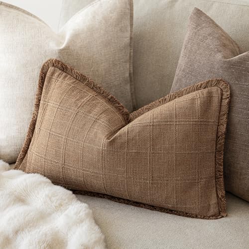 Image of Foindtower Set of 2 Decorative Linen Check Fringe Throw Pillow Covers Farmhouse Lumbar Cushion Covers Modern Boho Home Decor for Sofa Chair Couch Bedroom Living Room,12x20 Inch,Brick Red