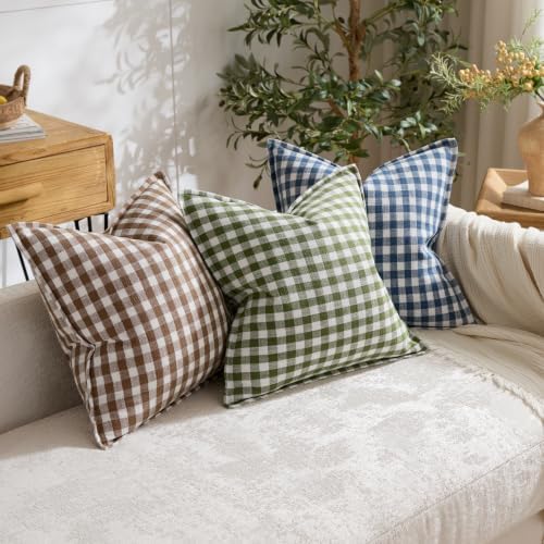 KINDREX Farmhouse Gingham Throw Pillow Covers 18x18 Set of 2, Small Checkered Linen-Textured Cushion Covers with Flanged Edges, Decorative Outdoor Pillowcases for Couch Sofa Living Room,Green - 3